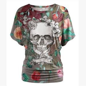 NWT Grey and Red Floral Skull Dolman Top